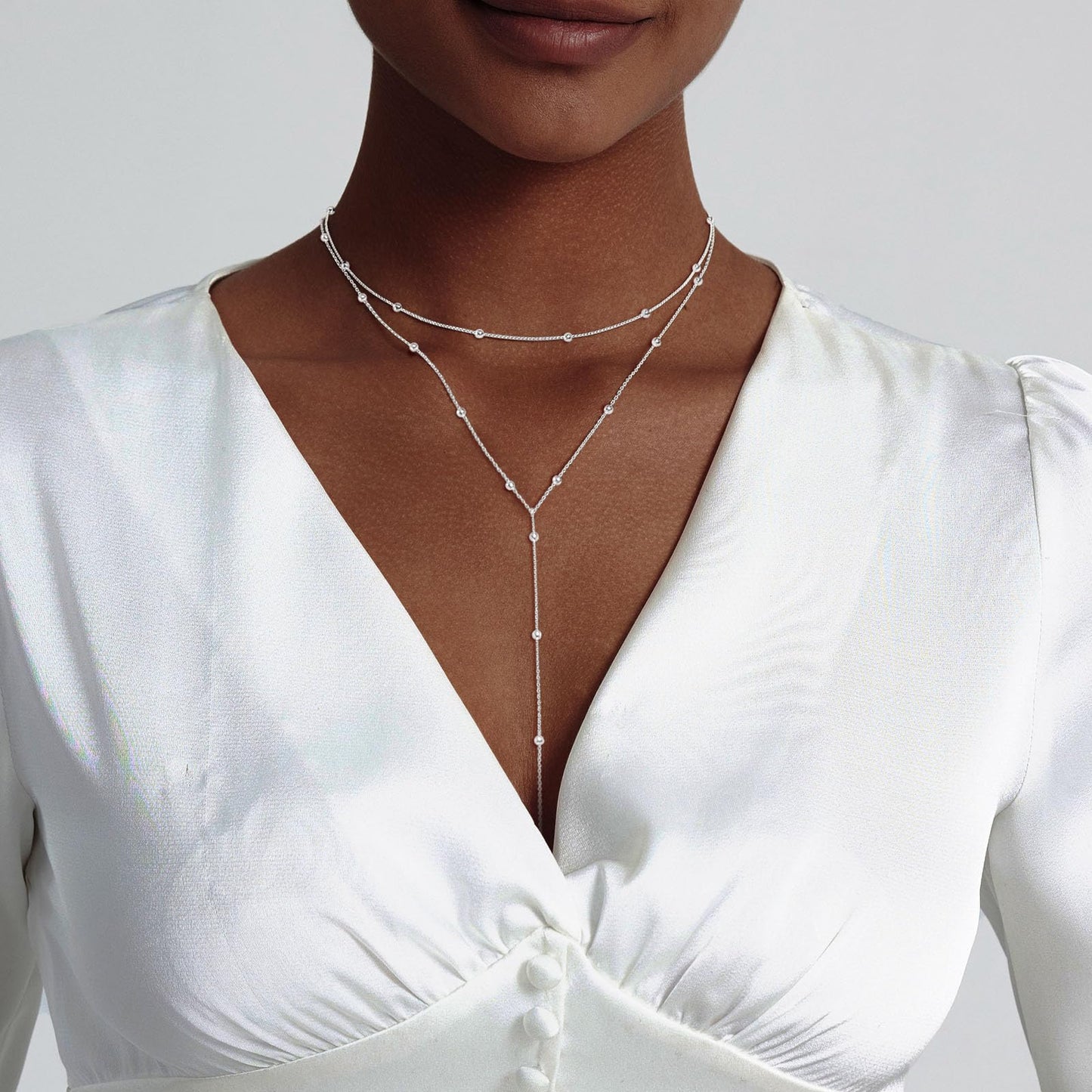 Airmb Silver Necklaces for Women Dainty Long Trendy Y Necklace 925 Silver Plated Lariat Necklaces for Women Trendy Layered Beaded Necklaces Simple Y Necklace Jewelry for Woman