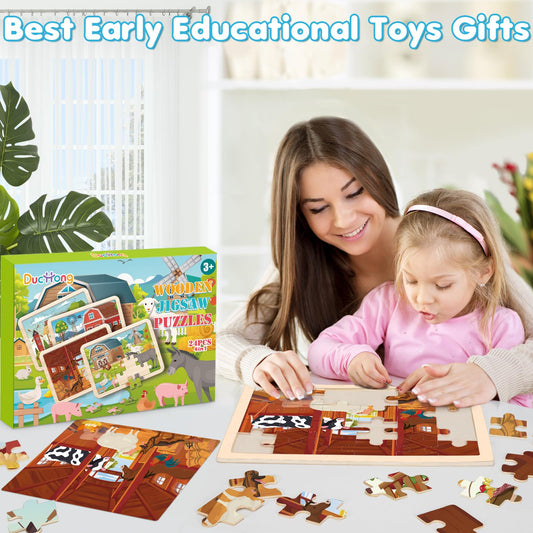 4-in-1 Farm Wooden Puzzles for Kids Ages 4-6, 24 PCS Wooden Jigsaw Puzzles for Toddlers Ages 3-5, Preschool Educational Puzzles Boards Toys Gifts for 3 4 5 6 Boys Girls