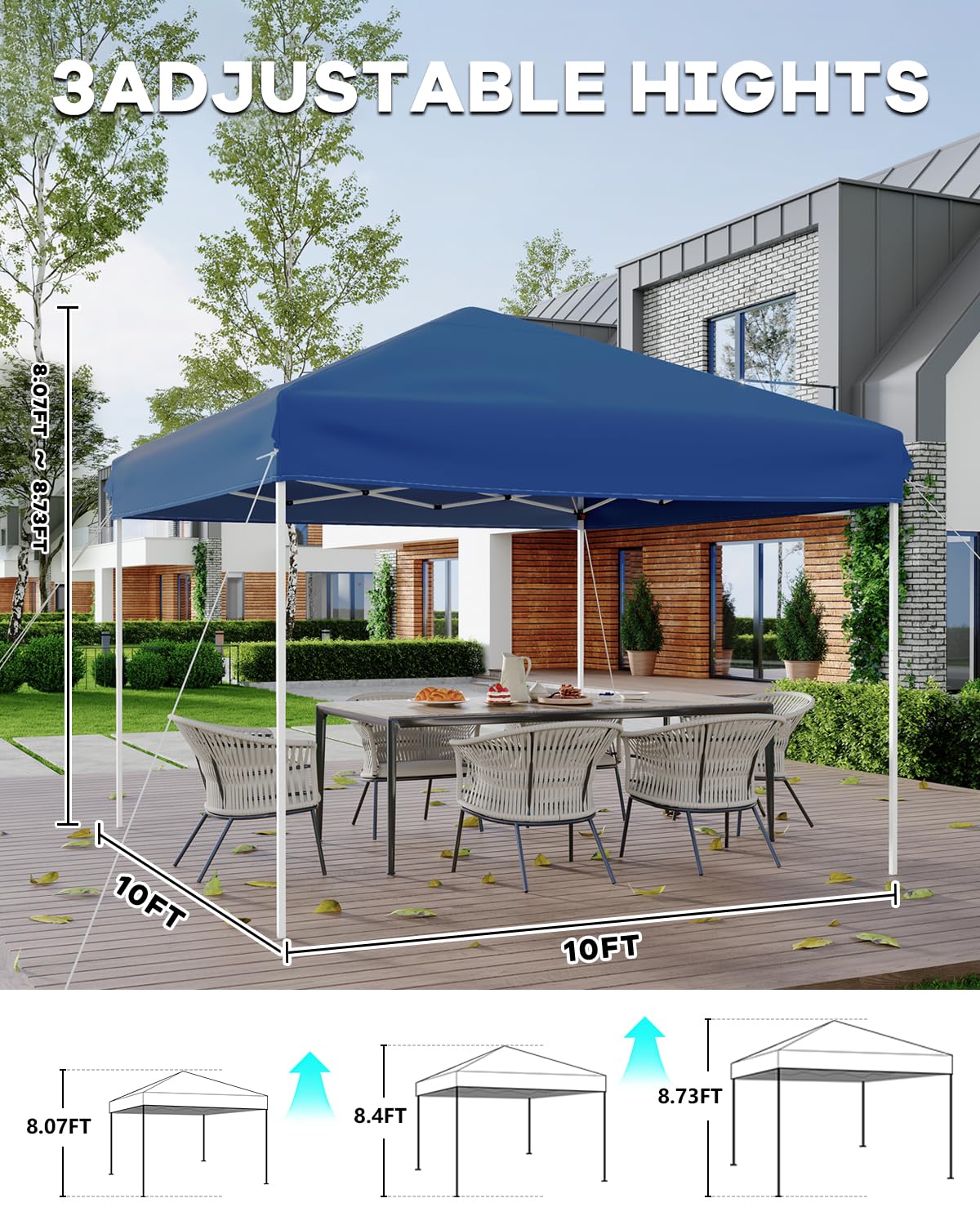 GarveeLife 10x10 Pop Up Canopy Tent, Easy Up Canopy with 3 Adjustable Height, Outdoor Sun Shade with 4 Sandbags & Carrying Bag for Camping, Parties,Outdoor Events-Blue