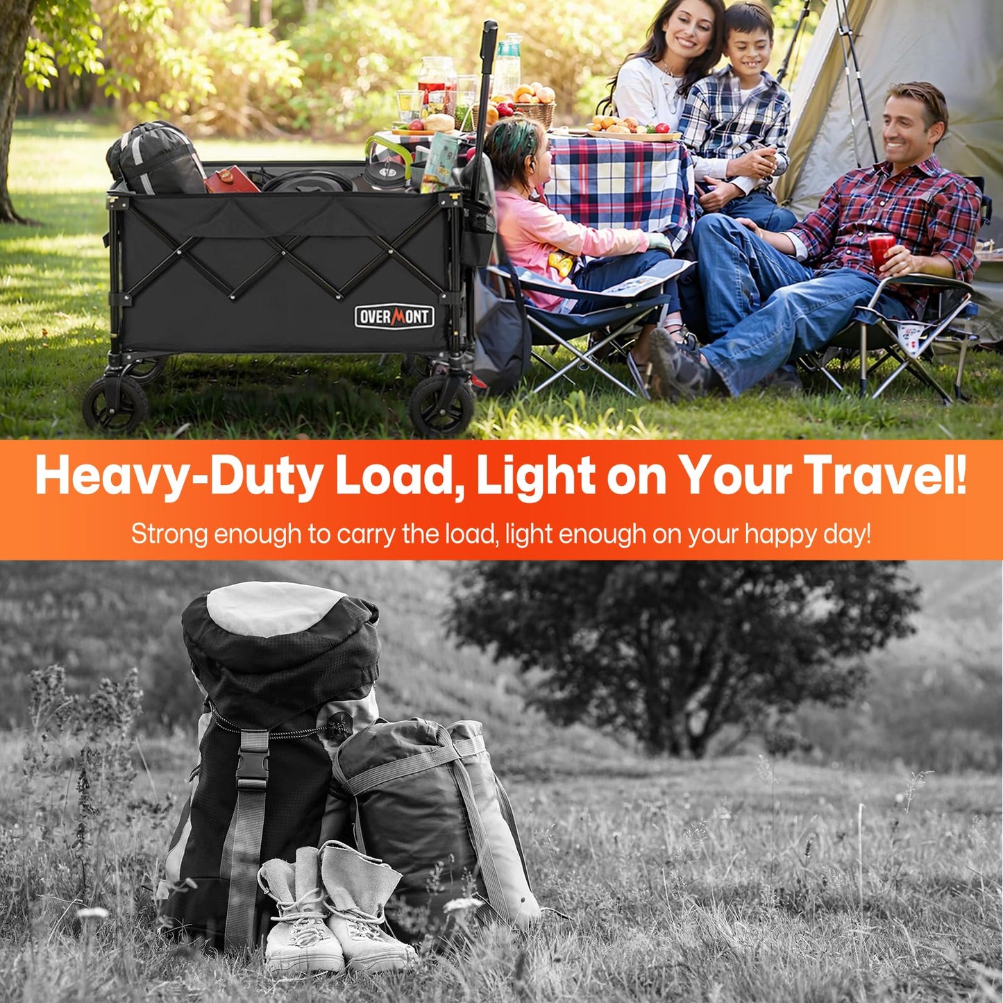 Overmont Ultra-Compact Collapsible Wagon Cart -200L Portable Folding Wagon with All-Terrain Wheels Utility for Beach, Grocery Shopping, Camping, and Gardening – 360lbs Load Capacity Black