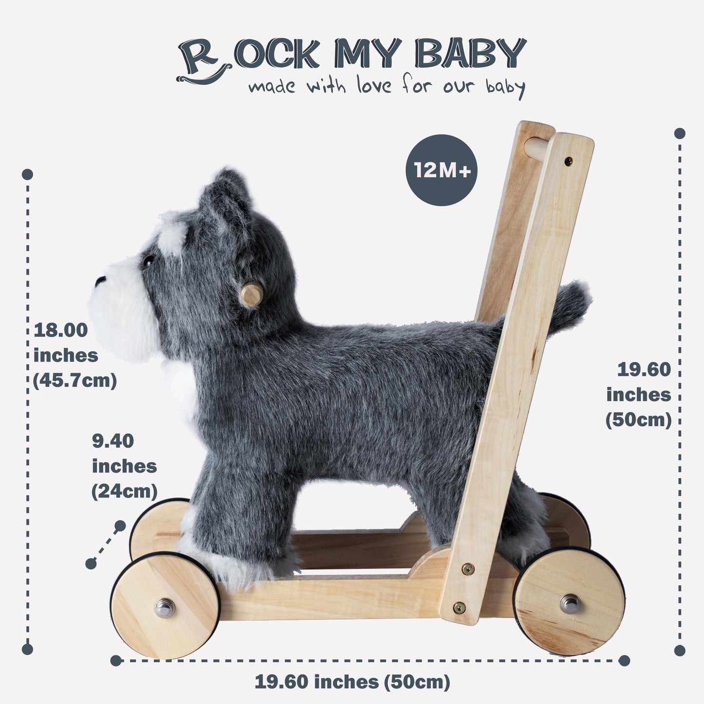 Rock My Baby Wooden Baby Walker, 2-in-1 Baby Push Walker & Ride On Toy for Toddlers 12M+, Learning to Walk Toy with Sweet Music, Soft Cuddly Dog Toy for Boys Girls (Schnauzer Dog) CPC Certified
