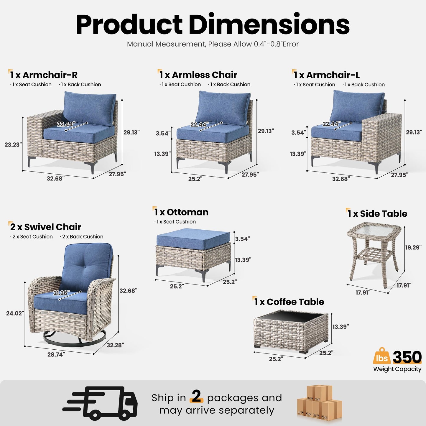 ovios 8-Piece Patio Furniture Outdoor Sectional Sofa Couch with Rocking Swivel Chairs Deep Seat Chaise Comfy Cushions, Modern Modular Wicker Rattan Conversation, Denim Blue