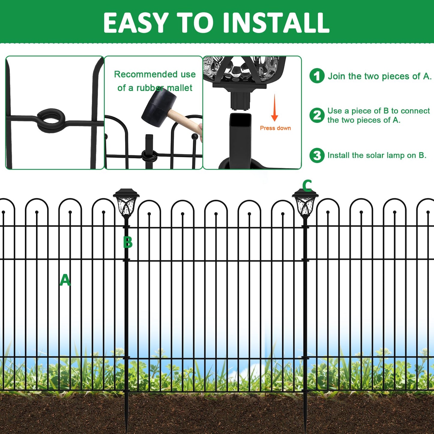 Garden Fence Animal Barrier with Lights & Gate, 32 in (H) x23.6ft (L) Decorative Garden Fence, 10 Panels No Dig, Rustproof Metal Temporary Fence, for Outdoor, Yard, Patio