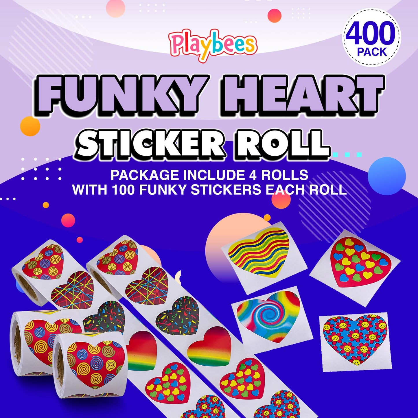 Playbees Funky Heart Stickers for Kids - 400 Pack of Rainbow Heart Themed Designs - Valentine’s Day Kids Educational Arts and Crafts, Scrapbooking, Teacher Awards, Classroom Prize, Encouragement