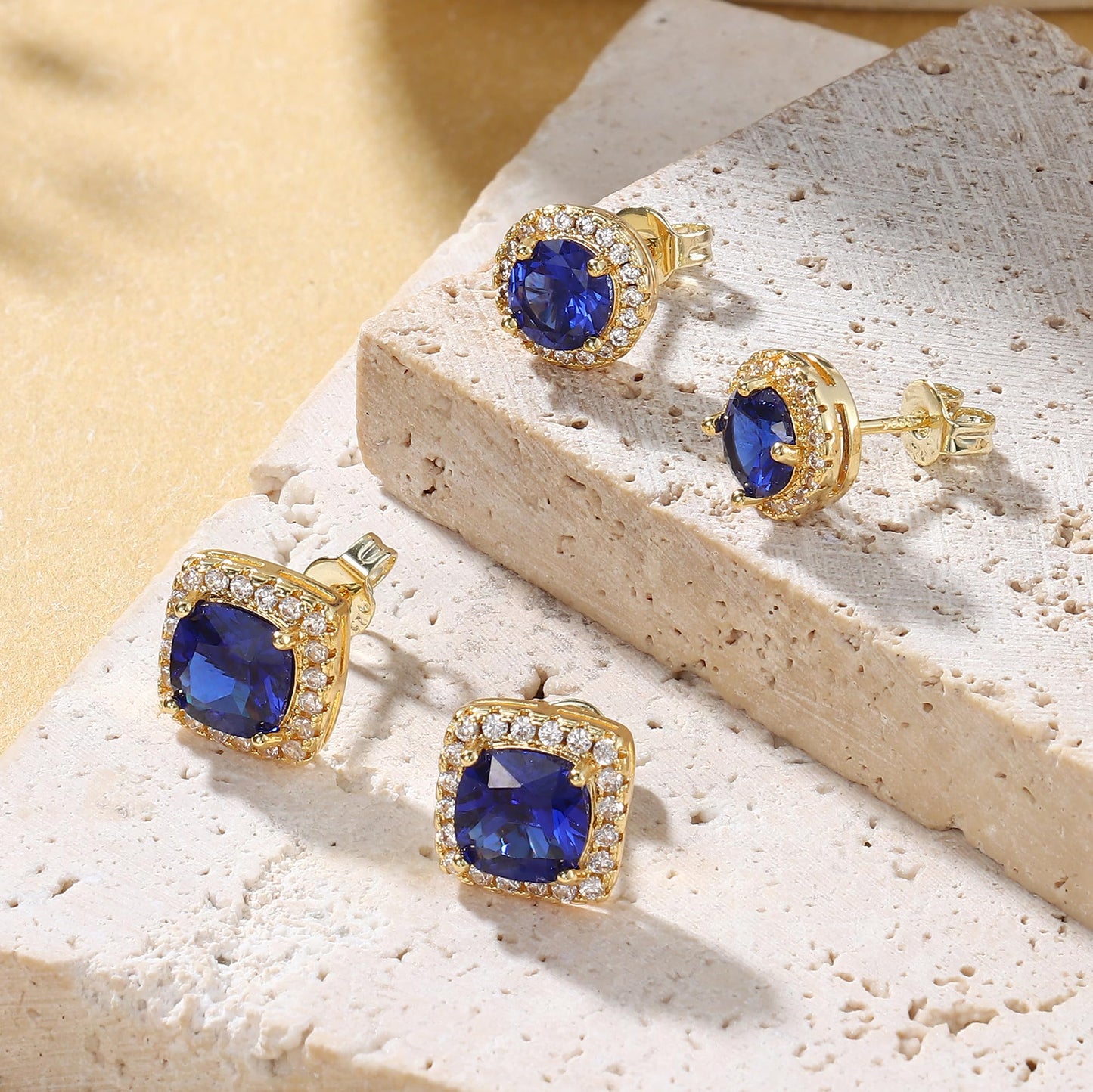 Hayoso Cubic Zirconia Stud Earrings for Women Men Sterling Silver Earring Post Hypoallergenic 14k Gold Plated Round&Square Earrings Gold&Blue