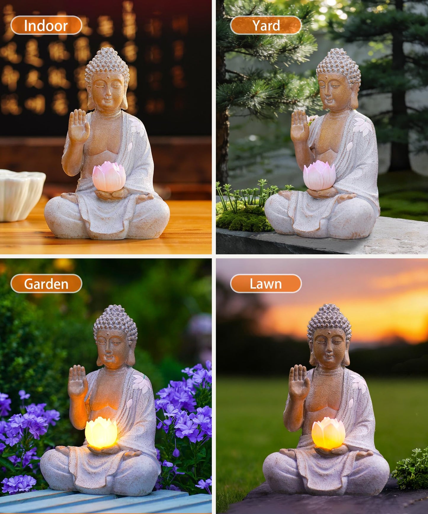 Nacome Solar Buddha Garden Statues with Lotus Flower: Resin Zen Decor Waterproof Sculpture Outdoor Light Design for Outside Patio Lawn Yard Balcony - 10.6 inches(White)