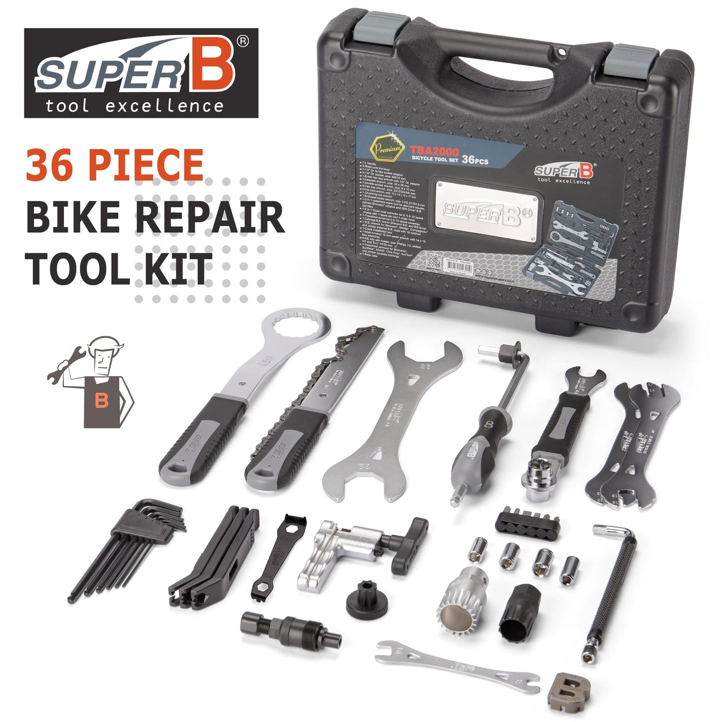 Super B 36 PCS Bicycle Tool Set - Bike Repair Kit with Carry Case - Bike Maintenance Tools for Road Bikes and Mountain Bikes, Repairing Tyres, Brakes, Chains, Pedal, Crank Puller(TBA2000)