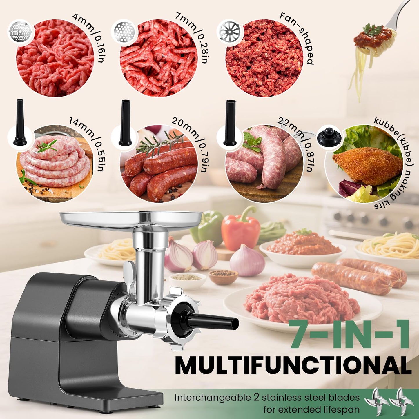 Electric Meat Grinder 2000W Heavy Duty, Touchscreen Control with 2 Blades, 3 Plates, Sausage Stuffer & Kubbe Kit, #10 Size for Home Use