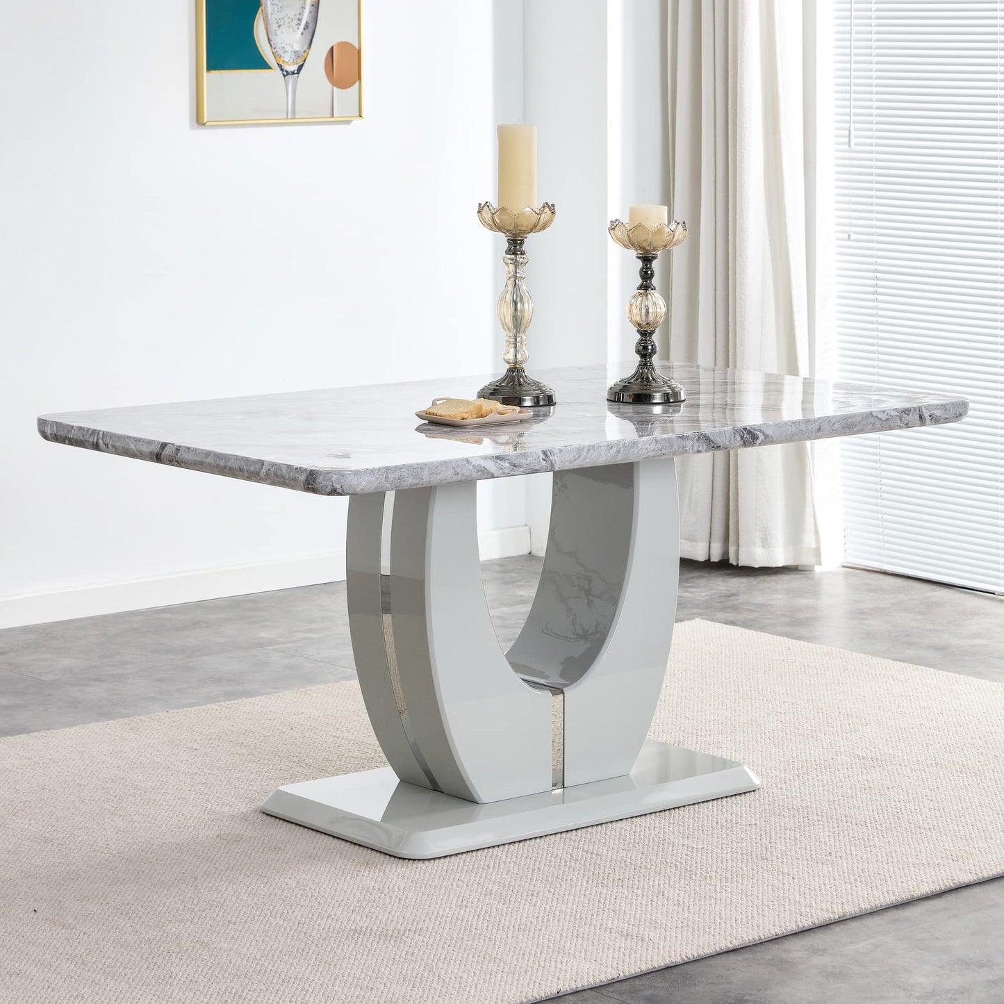 JUFU 63" Faux Marble Dining Table for 6, Modern Rectangular Kitchen & Dining Room Table, Gray Marble-Look MDF Top, U-Shaped Pedestal Base, Easy Assembly
