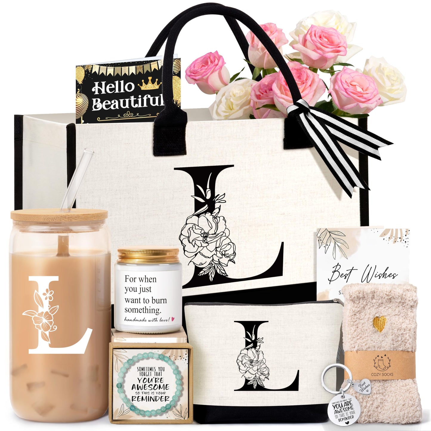 Lepiche Birthday Gifts for Women, Monogrammed Initial Gift for Teacher Wife Mom, Tote Bag,Glass Cup Gift Basket Personalized Christmas Mother's Teacher Appreciation Day,L