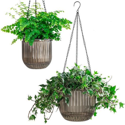 Melphoe 2 Pack Self Watering Hanging Planters Indoor Flower Pots, 5.3/8.3 Inch Outdoor Hanging Basket, Plant Hanger with 3Hooks Drainage Holes for Garden Home (Gray)