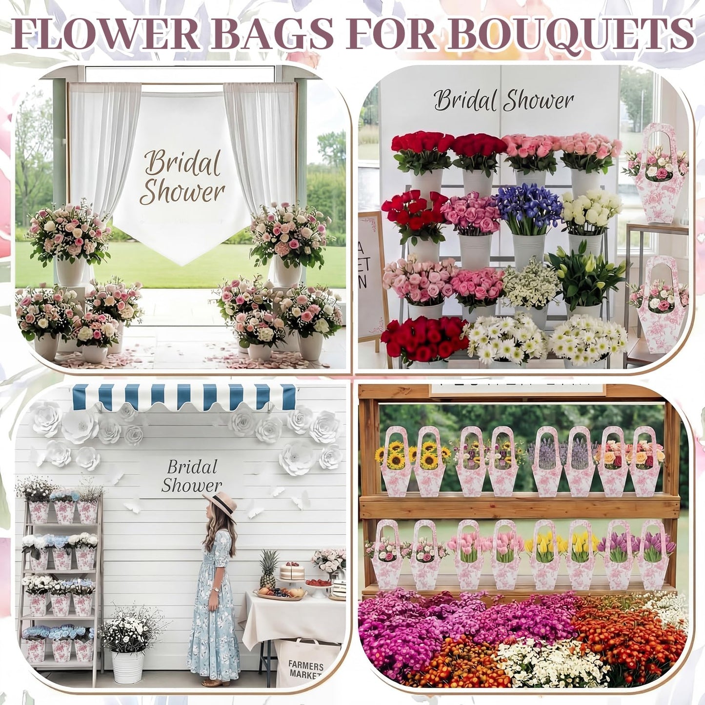 Fullhawl 24 Pack Flower Gift Bags for Bouquet, Craft Paper Flower Bouquet Holders with Handles, Floral Wrapping Bags for Bridal Shower Wedding Bachelorette Engagement Party Supplies(Pink)