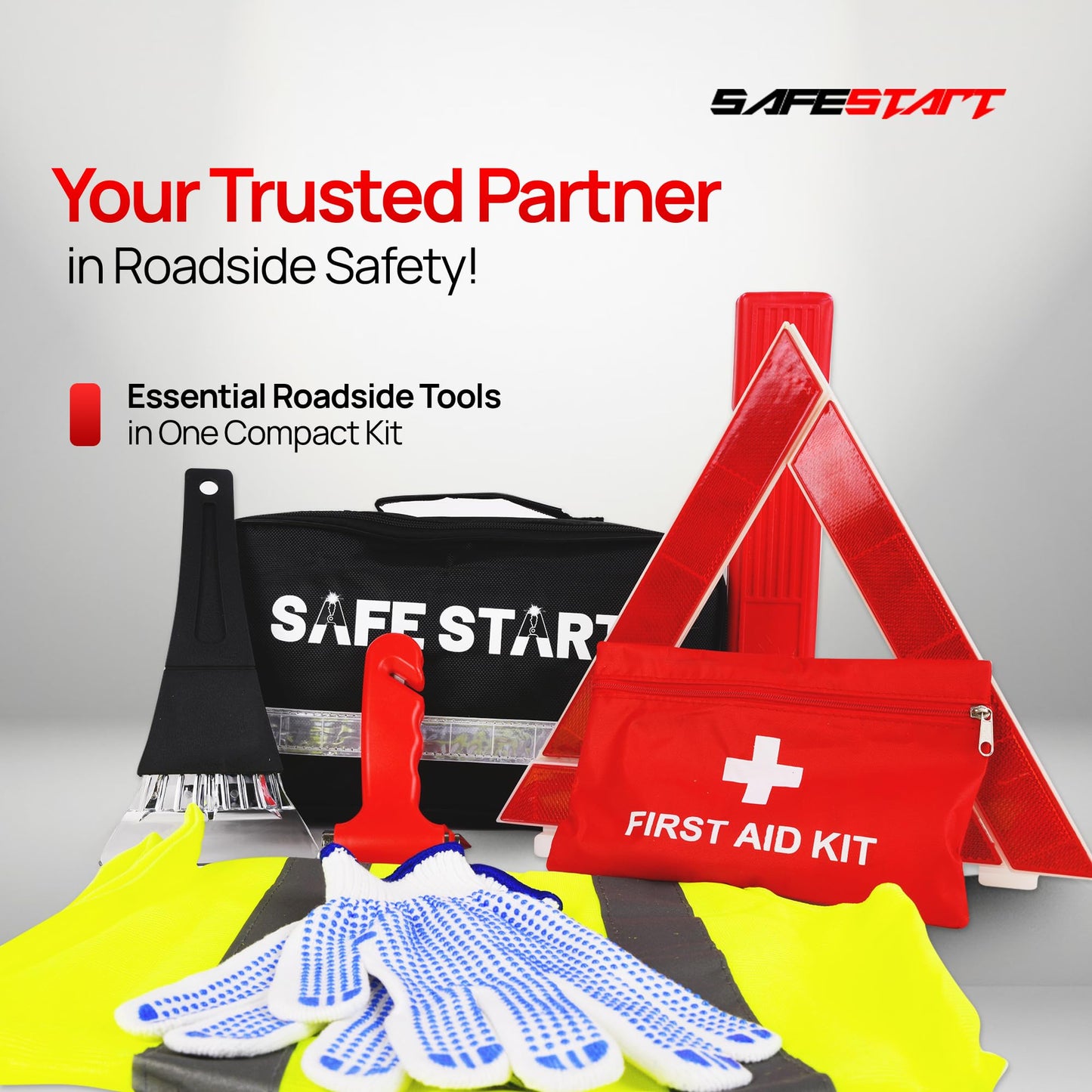 Safe Start Car Emergency Kit - Car Safety Kit with First Aid, Safety Hammer, Reflectors, Gloves, Ice Shovel - Compact Roadside Tool Kit for Repairs, Snow, Accidents - Protect Your Family on the Road