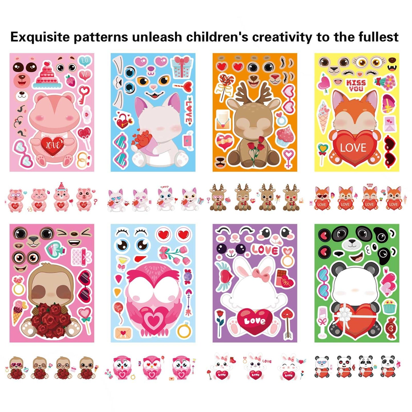 32 Sheets Valentine Stickers for Kids, Valentine's Day Make a Face Stickers, Make Your Own Stickers 8 Designs of Animal Owl Rabbit Bear Stickers for Boys Girls