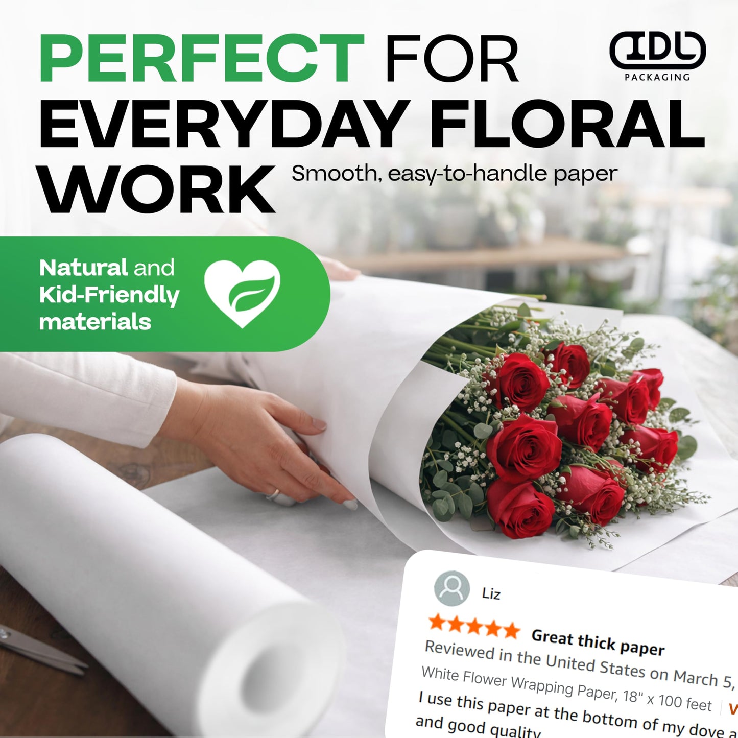 White Flower Wrapping Paper, 18"x1200" (100 feet) - USA-Made Premium 50lb Thick Bouquet Wrapping Paper - Elegant Flower Wrap Roll for Weddings, Ceremonies & Special Events by IDL Packaging