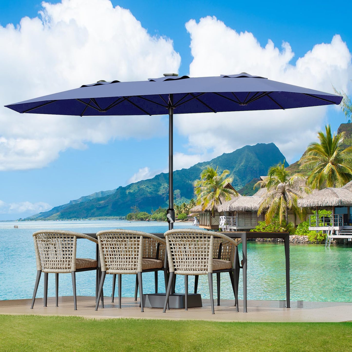 GarveeLife 15FT Large Patio Umbrella with Base Included, Double-Sided Rectangle Market Umbrella with Cross Base and Sandbag for Pool Lawn Garden (Navy Blue, 15 ft)