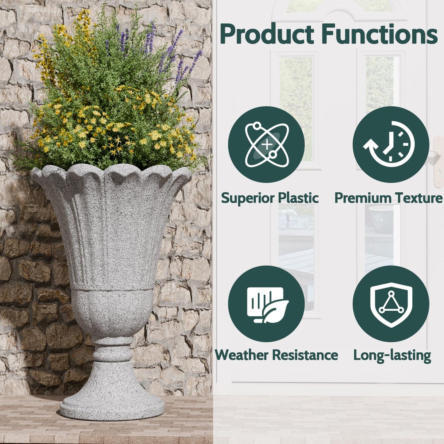Trygoal 23.6" Tall Plastic Urn Planters for Outdoor Plants with Drainage Holes & Petal Design, Set of 2 Sturdy Base Classic Indoor Large Flower Pots, Outdoor Planters for Porch/Home, Yellow Beige