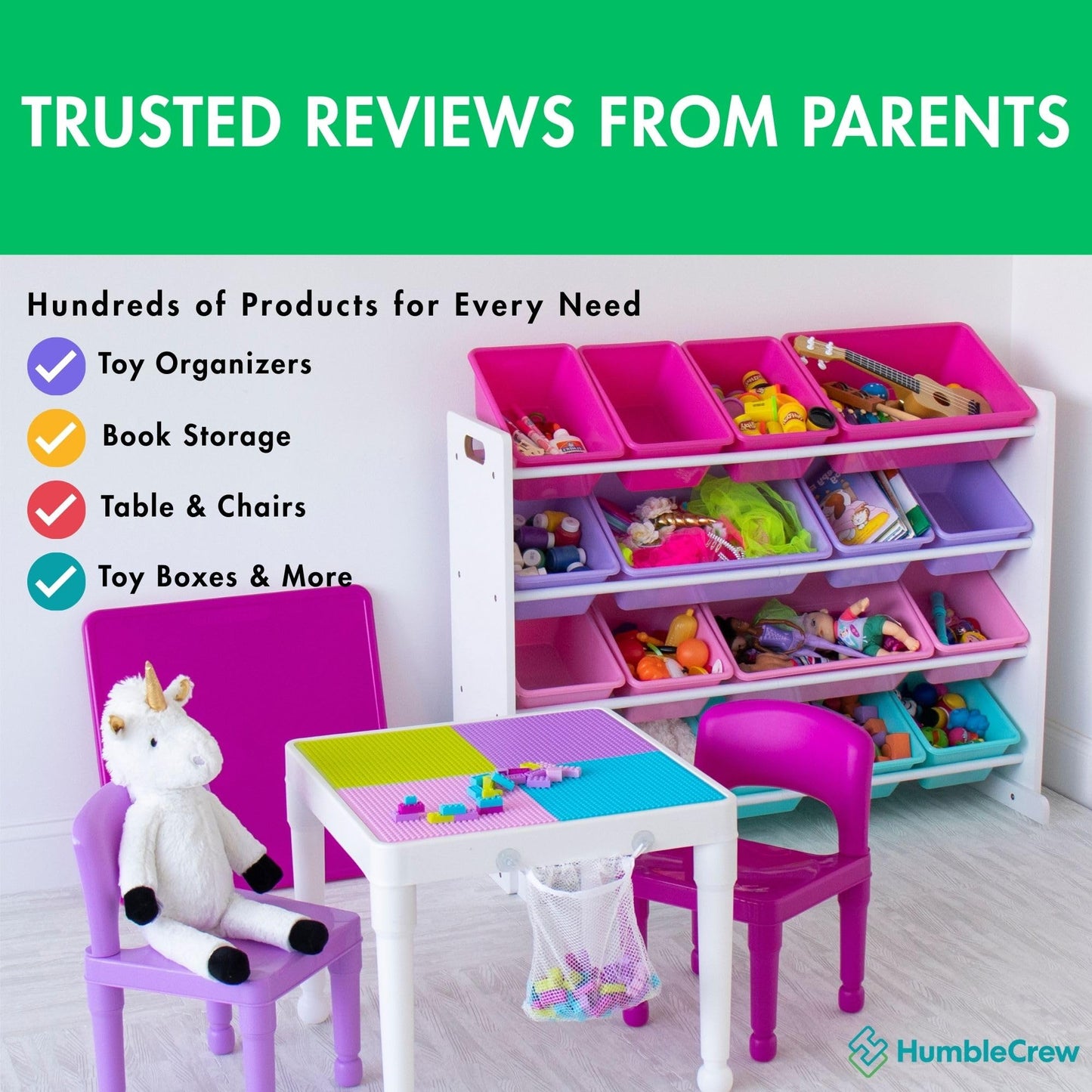 Humble Crew Toy Storage Organizer with 9 Removable Storage Bins for Kids Playroom, 3-Tier with Top Shelf Toddler Toy Organization, White/Pink/Purple/Aqua