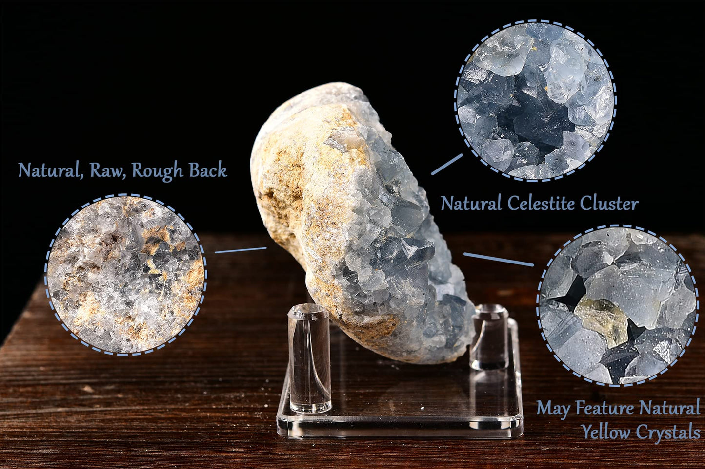 AMOYSTONE Heart Celestite Crystals Natural Healing Crystal Blue Geode Raw Celestite Clusters Large Crystal Stone for Reiki, Gifts, Decor with Plastic Stand 3.6"-4"