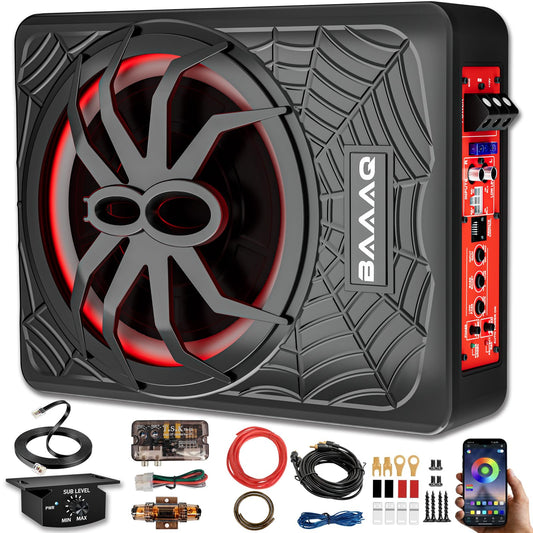 Baaaq Slim Underseat Powered Car Subwoofer, 2026 Upgraded 10 inch 1200W Car/Truck Audio Subwoofer with Built-in Amplifier Amp Combo Package, Powerful bass and RGB LED Ambient Light for Car and Truck