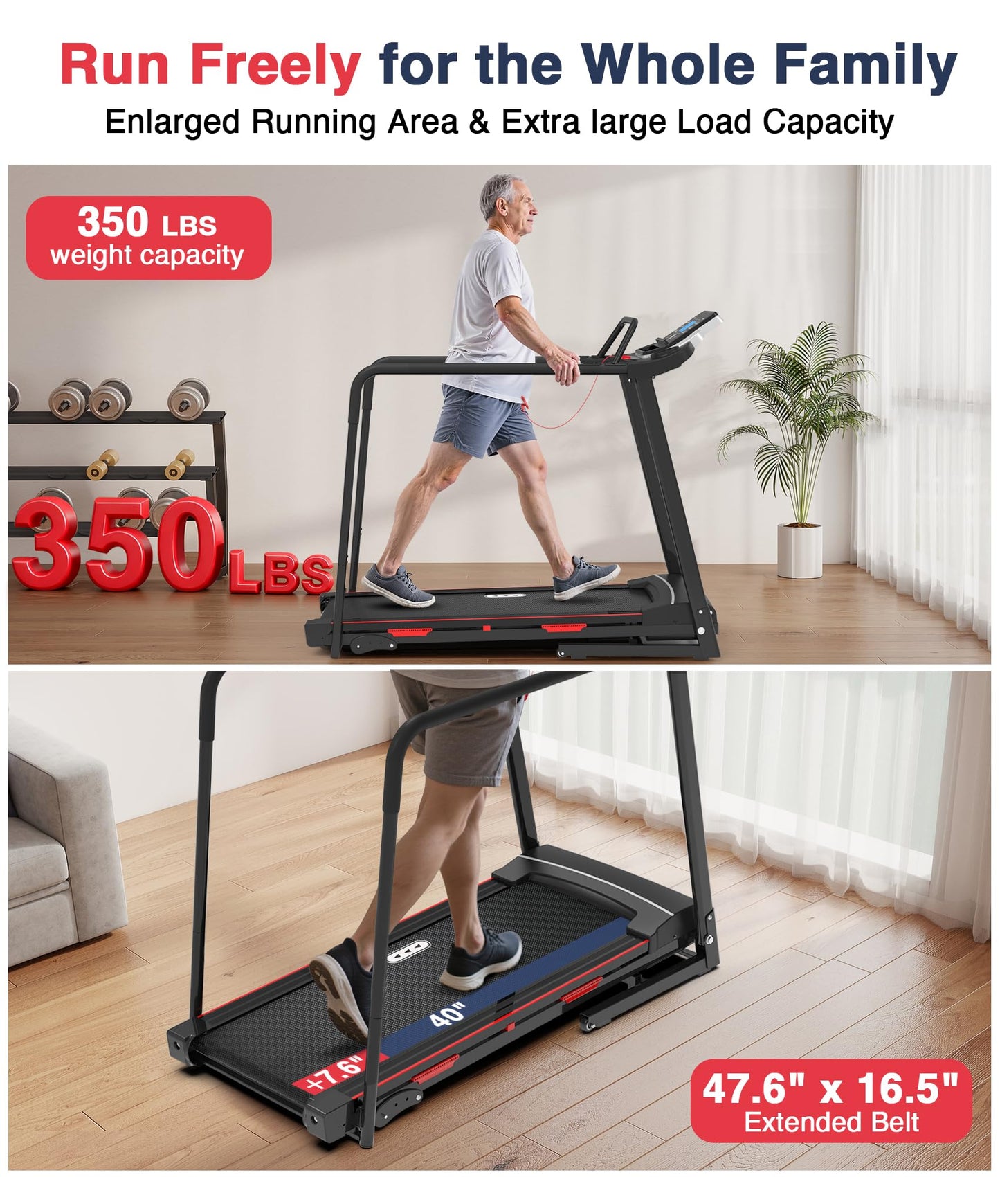Redliro Walking Treadmill for Seniors Foldable - 400 Lb Capacity Senior Treadmill with Front & Long Handrails, 0%-2% Incline Home Recovery Fitness Exercise Machine for Elder, 47.6” Long Belt, APP