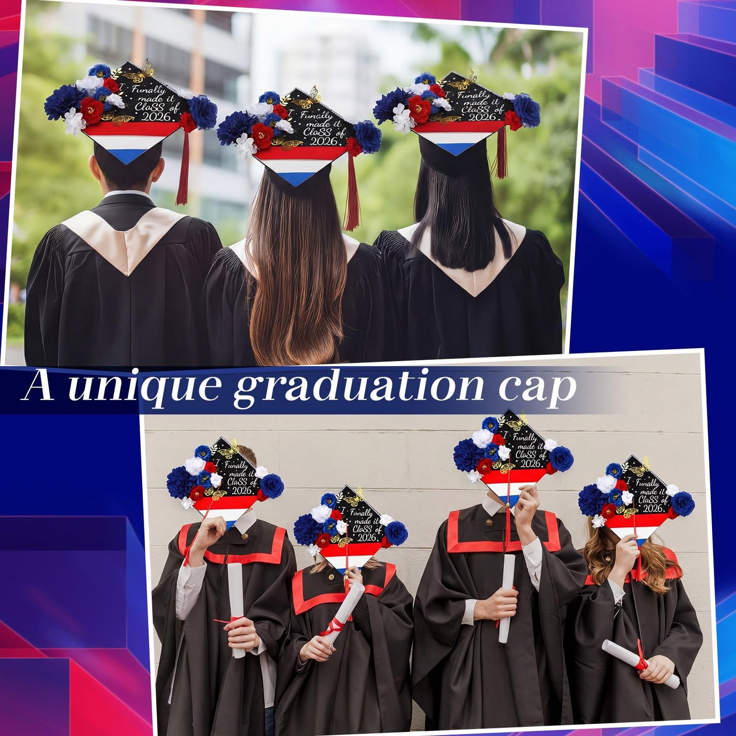 FineCheer 46 Pcs DIY Graduation Cap Decoration Kit Red White Blue Puerto Rico Flower 3D Butterfly Rhinestone Pearl Letter Sticker Glitter Paper for Dominican Republic 2026 Grad Hat Topper Party Decor