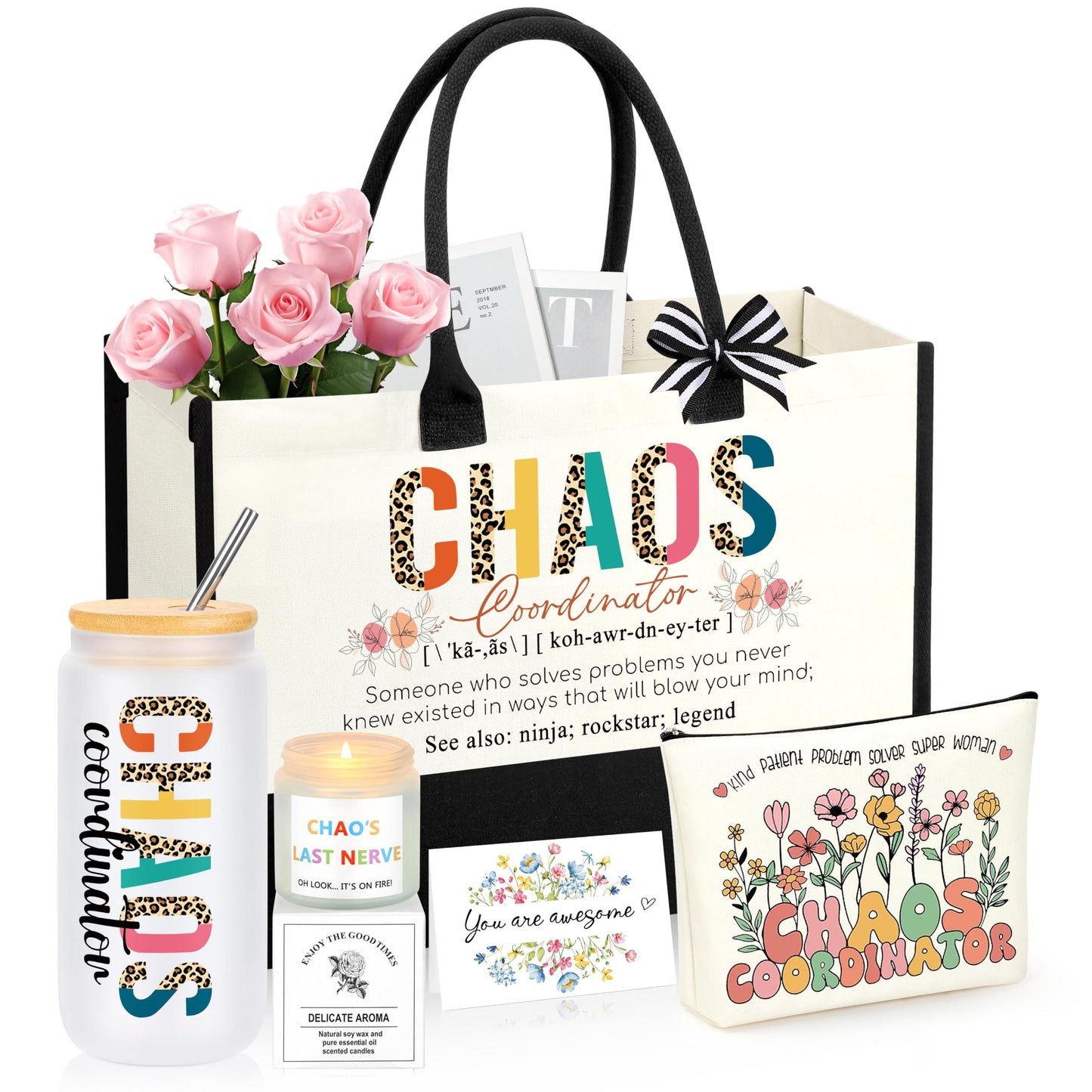JSENGIFT Chaos Coordinator Gifts, Administrative Professional Day Ideas Gifts, Christmas Coworker Paraprofessional Appreciation Gifts for Social Worker Boss Lady Coworkers Manager Basket Set of 6