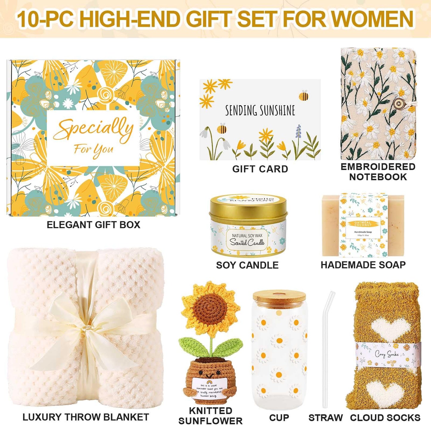 Self Care Gifts for Women Gift Baskets，Sending Sunshine Thinking of You Care Package Spa Gift Sets, Birthday Christmas Gifts for Women Best Friends Mom Sister Wife Grandma Her - Ivory