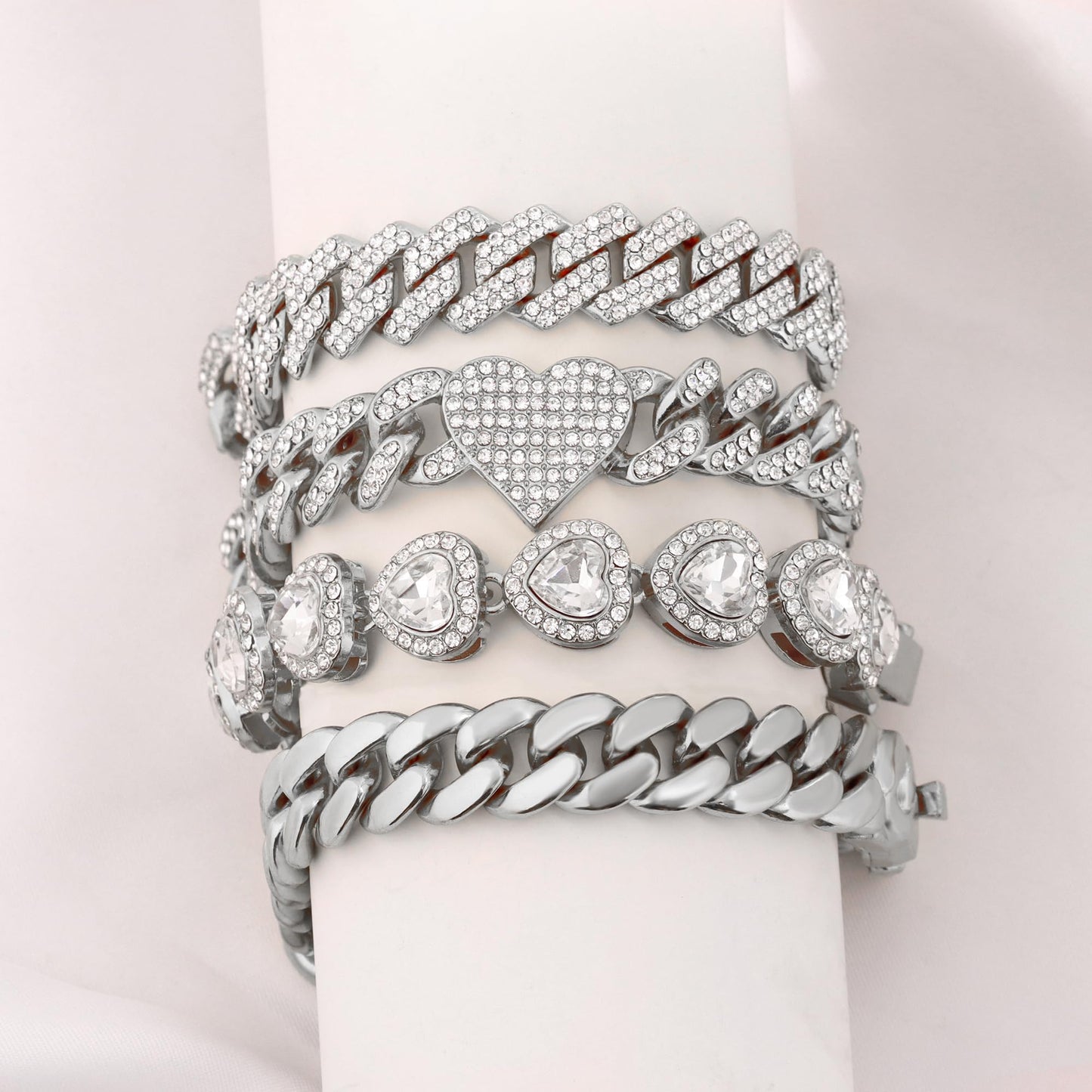 shopbyskyler 4PCS Gold Bracelets for Women Silver Clustered Tennis Bracelet for Women Heart Round Diamond Cuban Bracelet Layered Link Bracelet Set Fashion Jewelry for Women Set (Silver-2, 8inch)