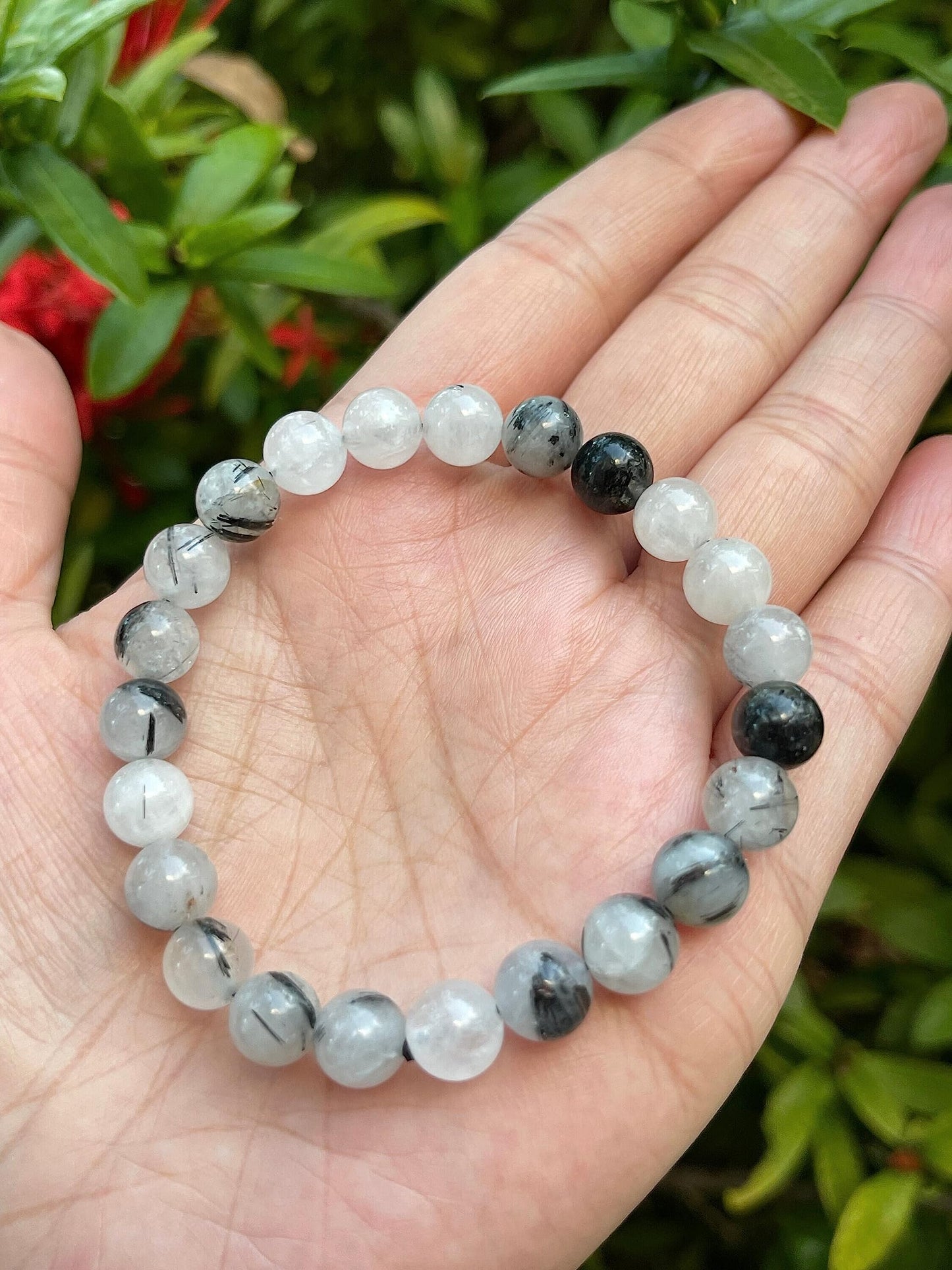 GAF TREASURES Black Rutilated Quartz Crystal Bead Bracelet 8mm, Genuine Black Rutilated Quartz Stretch Gemstone Bracelet, Healing Crystal Bracelet, Gift for Men & Women (1)