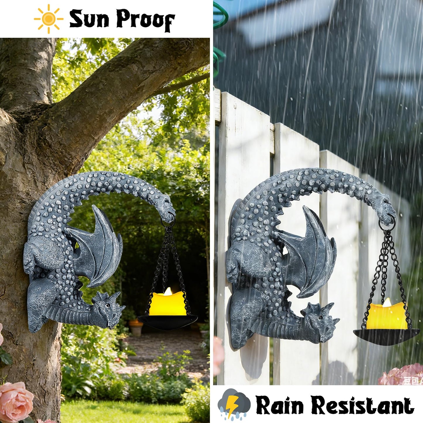 Dragon Wall Decor Outdoor Gothic Candle Holder Sculpture for Garden Patio Yard with Fantasy Dragon Statue Unique Dragon Gifts for Women Men Lovers Grey Stone