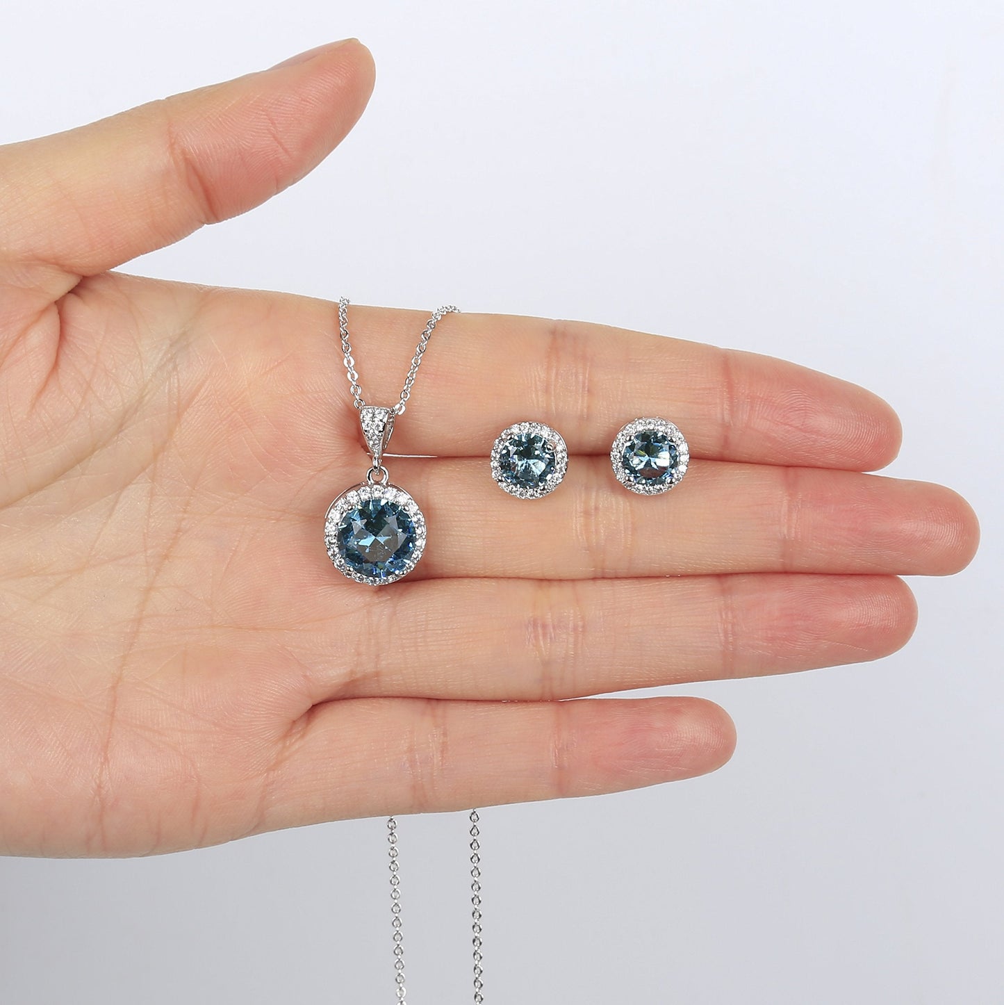 AMYJANE Crystal Jewelry Set for Women - Sterling Silver Round Aquamarine Cubic Zirconia Bridal Pendant Necklace Earrings Set for Wedding Bride Bridesmaids Birthstone Jewelry Sets