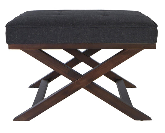 Cortesi Home Ari Traditional X Bench Ottoman in Linen with Walnut Legs, Charcoal, CH-OT168254