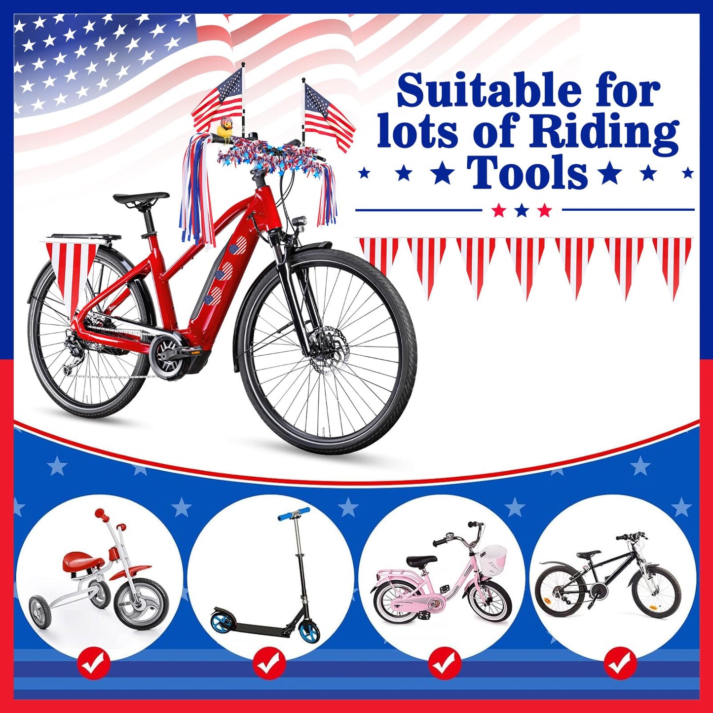 4th of July Bike Decorations for Kids - Parade Patriotic Bicycle Decor, Red White Blue Bike Tassels Streamers, Tinsel, Rubber Duck, Wheel Spokes Beads, American Flags for Independence Day Party Favor