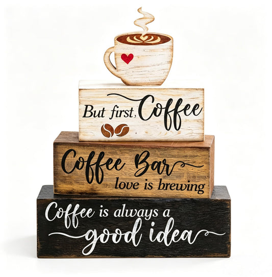 4 Pcs Wooden Coffee Bar Decorations Rustic Coffee Bar Signs for Tiered Tray Farmhouse Coffee Station Table Centerpiece Wood Bar Sign Gift Set Farmhouse Decor for Home Kitchen Tabletop