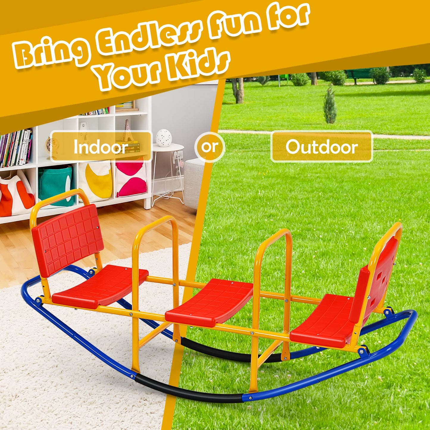 Costzon Teeter Totter Seesaw for Kids Outdoor, 2 in 1 Metal Rocking Seesaw for Toddlers with Easy-Grip Handles, Indoor Outdoor Rocker Toy Gifts for Ages 2-5, 1-3 Person Home Preschool Backyard See Saw