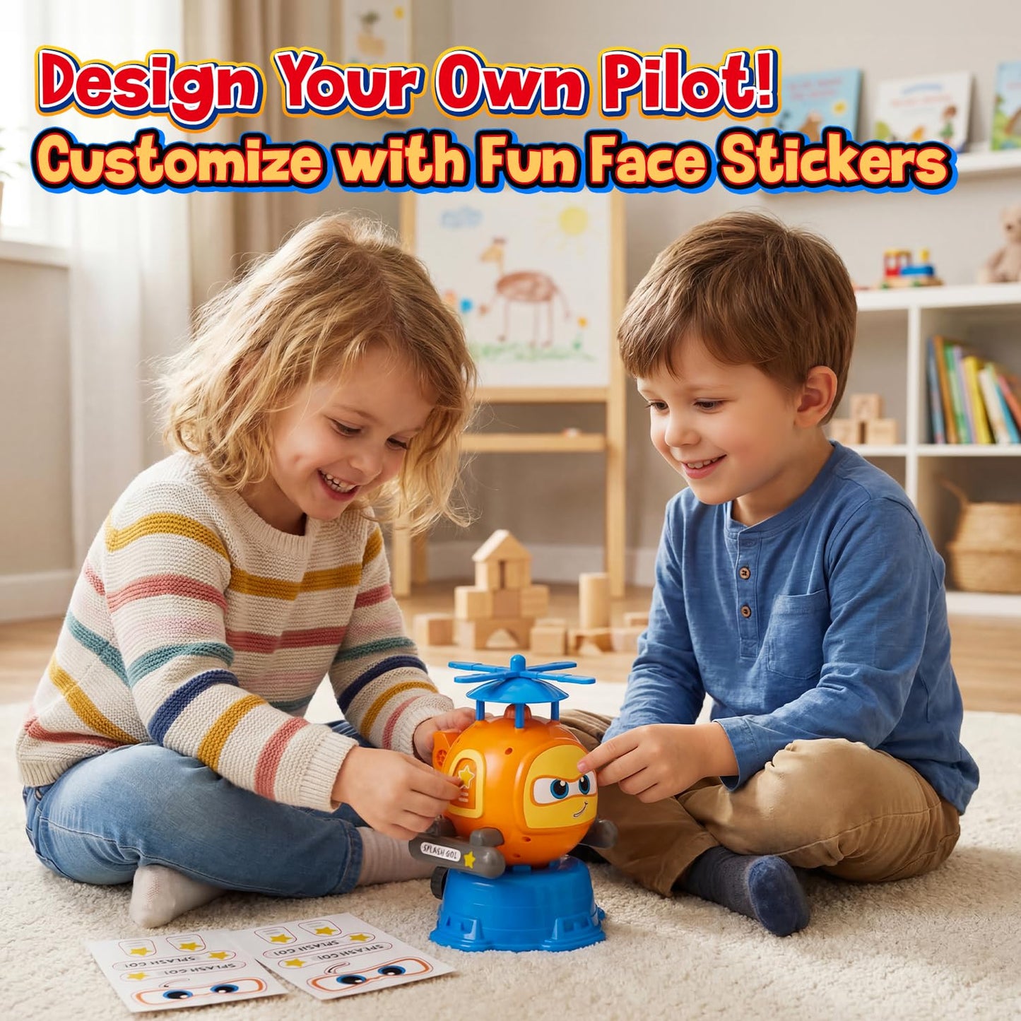 Flying Helicopter Water Sprinkler for Kids W/Tactile Click Feedback Valve, Summer Outdoor Toy for Toddlers, 360° Rotating Airplane Sprinkler W/DIY Stickers, Splashing Fun Toys for 3-8 Boys Girls Gifts