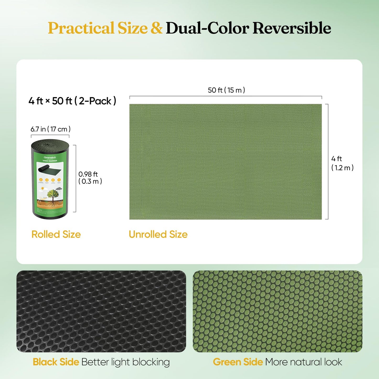 Grenebo Weed Barrier Fabric, 4FT x 100FT, Non-Woven Landscape Fabric, Easy to Cut & Fray-Resistant, Breathable & Permeable, Landscaping Fabric with 30 Stakes, for Gardens, Flower Beds, Vegetable Plots