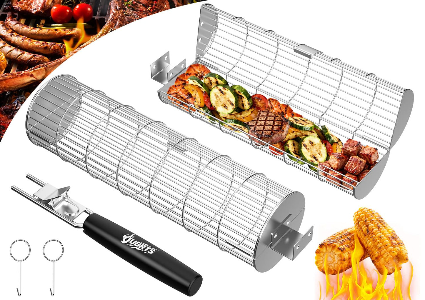 Rolling Grill Baskets for Outdoor Grill, 2PCS BBQ Grilling Basket with Removable Wooden Handle, Stainless Steel Camping Cooking Grill Accessories for Meat Fish Vegetable Seafood, Gifts for Men Dad Husband
