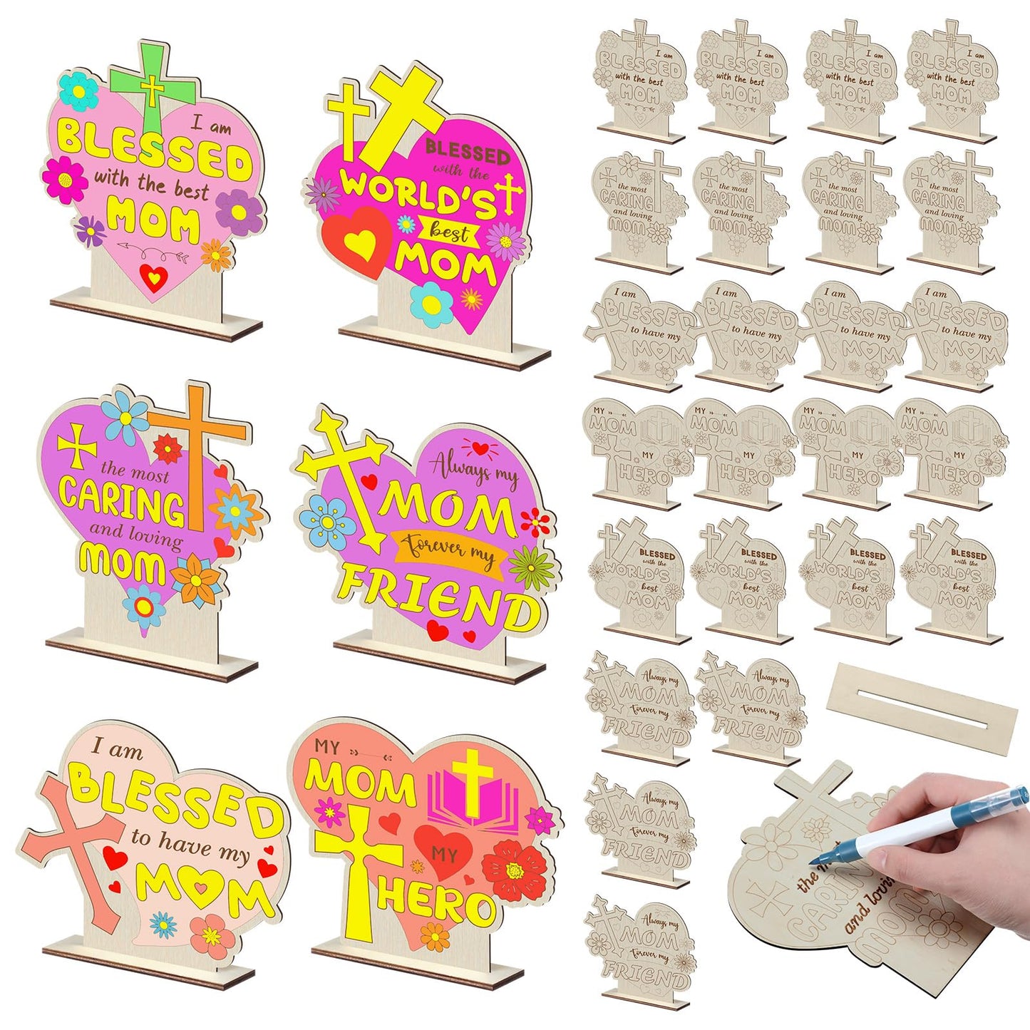 CroBlissful 24 Sets Mother's Day Crafts Bulk DIY Coloring Mother's Day Table Wood Signs Religious Blessed Mom Gifts Home Party Dinner Table Decoration