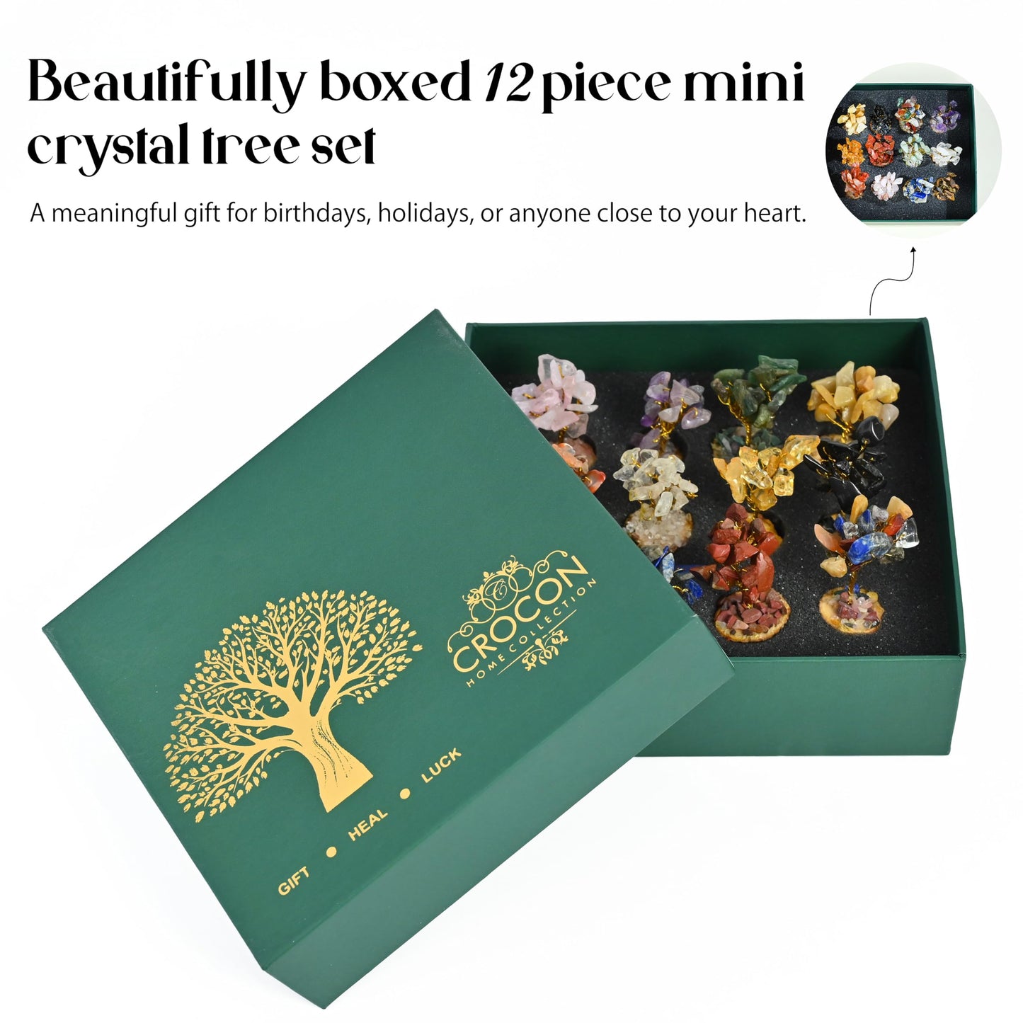 Crocon® Crystal Tree Set of 12 Mini Unique Birthday Gifts for Women, Sister, Mom, Home Office Decor, Shelf Desk Decoration for Positive Energy, Bring Good Luck, Money, Chakra Tree of Life Gift Sets
