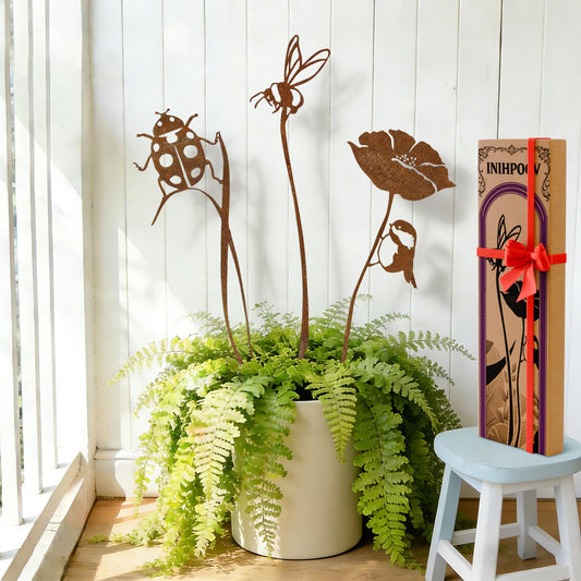 Rustic Metal Decorative Garden Stakes, Multiple Nature-Inspired Designs, Vintage Rust Finish Indoor&Outdoor Garden Decor, Gift-Boxed Yard Art for Pots, Planters Flower Beds (Ladybug & Bee Flower Set)