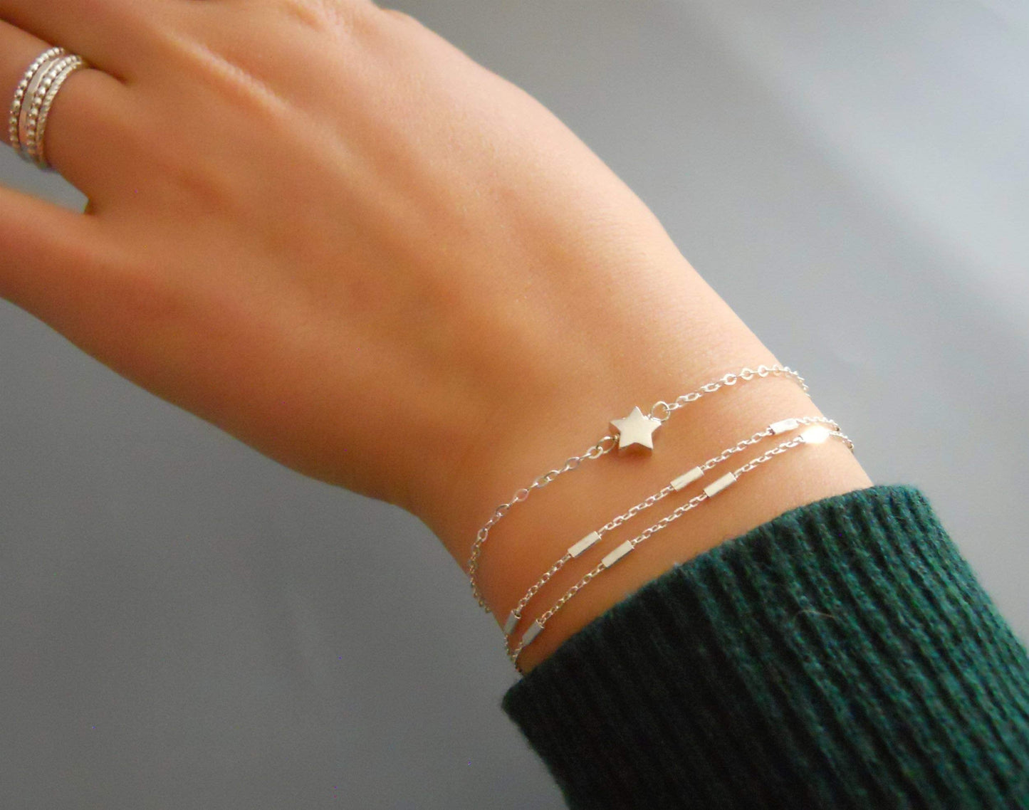Annika Bella 925 Sterling Silver Double Layered Bracelet, Length 6.5-7.5 Inches, Chain Bracelets for Women, Waterproof Minimalist Women's Jewelry (Satellite Bar Chains)
