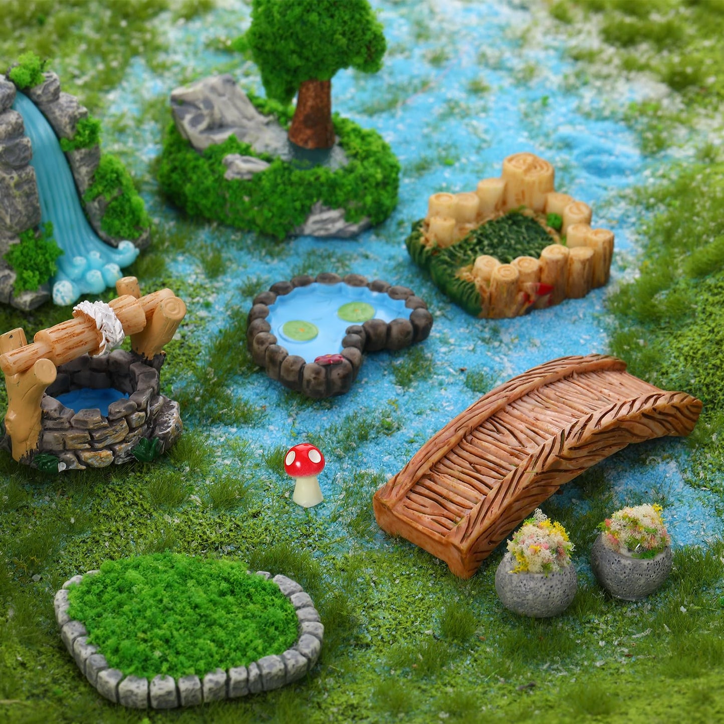 GGSTDDUP Mini Fairy Garden Accessories, Miniature Landscape Decorations Included Mini Bridge Pond Water Well for DIY Craft Lawn Pond Decor