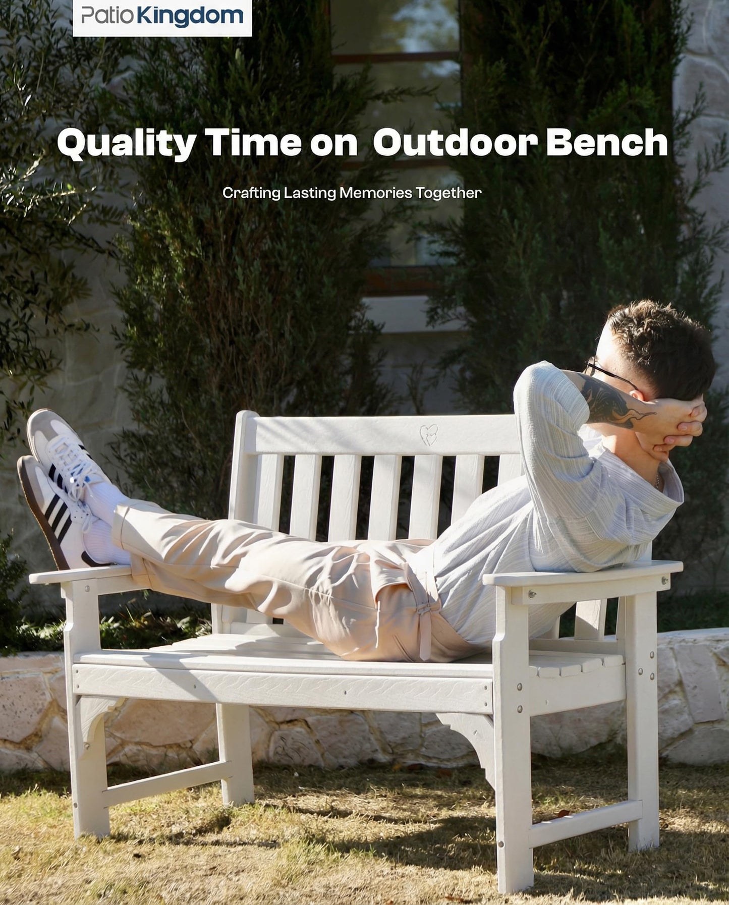 Patio Kingdom HDPE Garden Bench, All Weather 2-Person Outdoor Benches, Rust Free & Fade Resistant Patio Benches for Garden, Porch, Backyard, Deck, Lawn, Balcony, Poolside (White, 1 Beach)