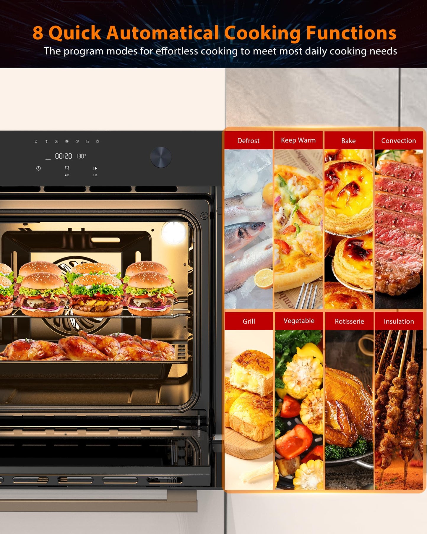 Garvee 24 Inch Built-In Single Wall Oven, 2.5 Cu.Ft Electric Oven with Touch & Mechanical Knob Control, 8 Modes, 3000W, ETL Certified, Black