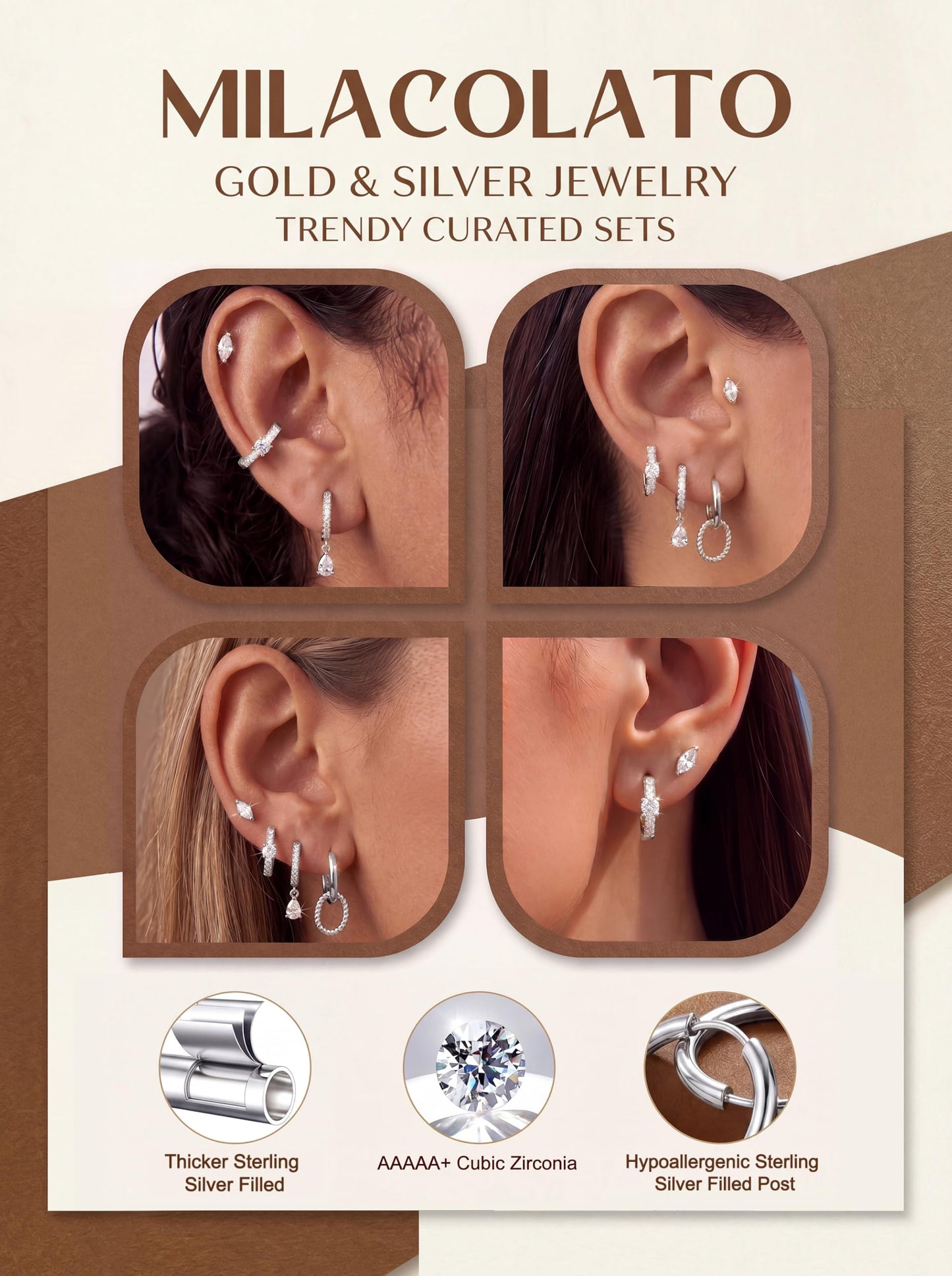 MILACOLATO 4 Pairs Silver Earrings for Women, Hypoallergenic Sterling Silver Filled Small Stud Hoop Earrings Set for Multiple Piercing, Dainty Lightweight Cartilage Huggie Earrings Stacks Trendy Jewelry Gifts, C