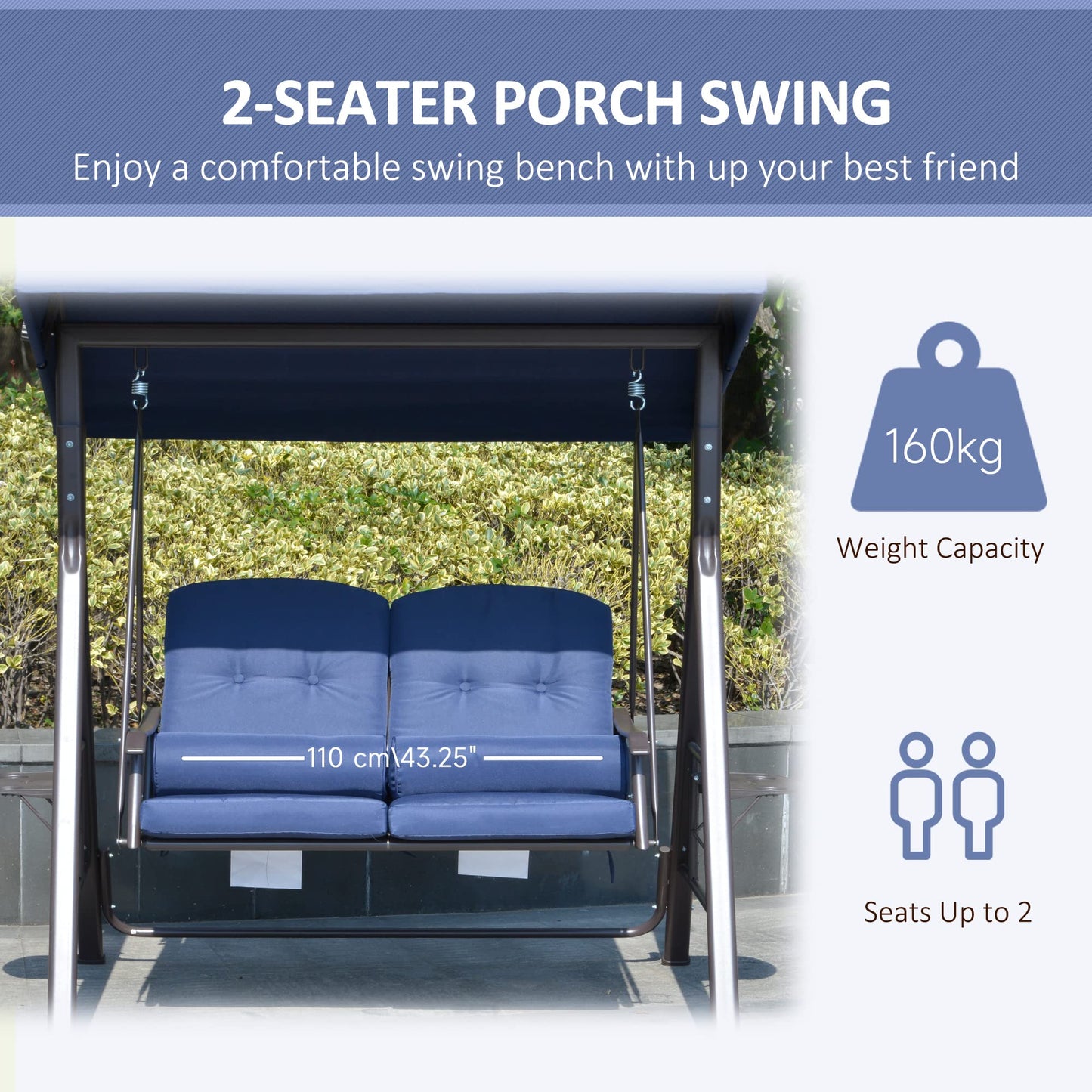 Outsunny 2-Person Patio Swing Bench with Adjustable Shade Canopy, Soft Cushions, Throw Pillows and Tray, Dark Blue
