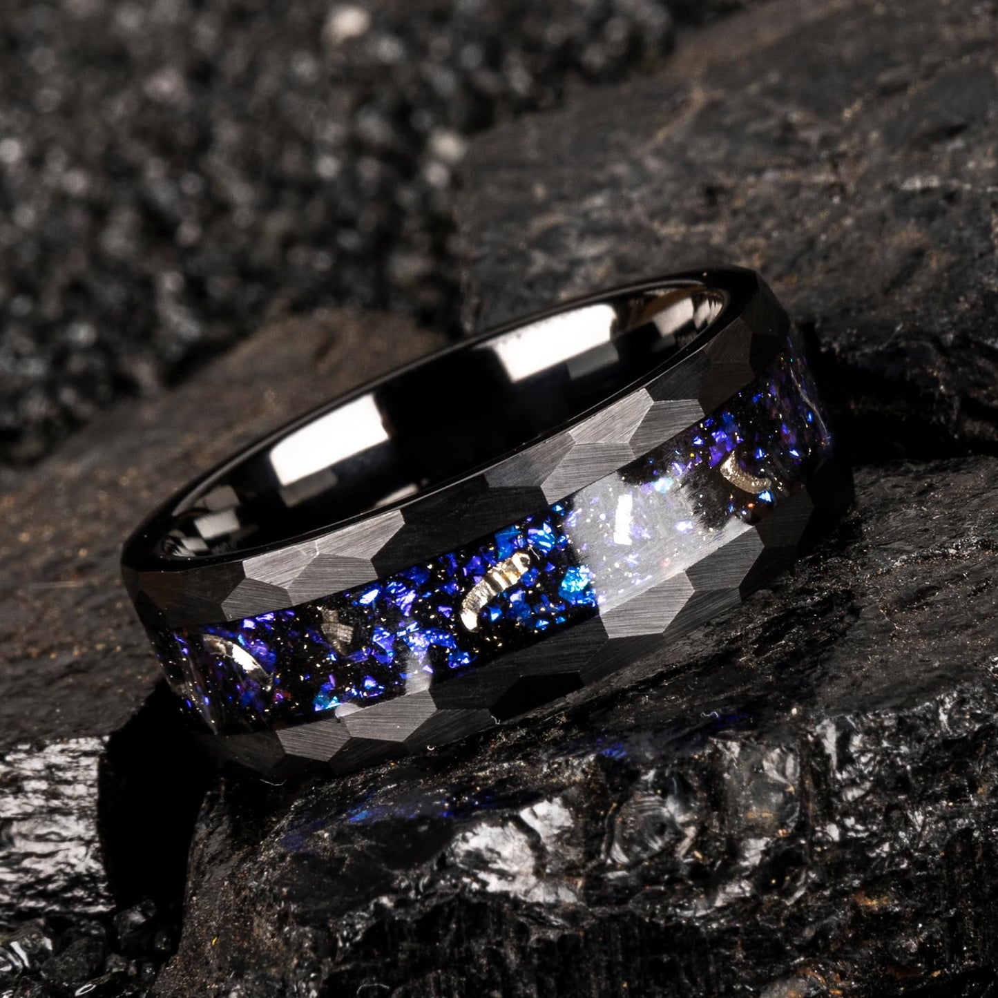JEWPER 8mm Men Womens Wedding Band Tungsten Rings Black Blue Hammer pattern Fashion Promise Carbide Inlaid Milky Way Foil Iron Filings Matte Finish Edge Comfort Fit Size(9)