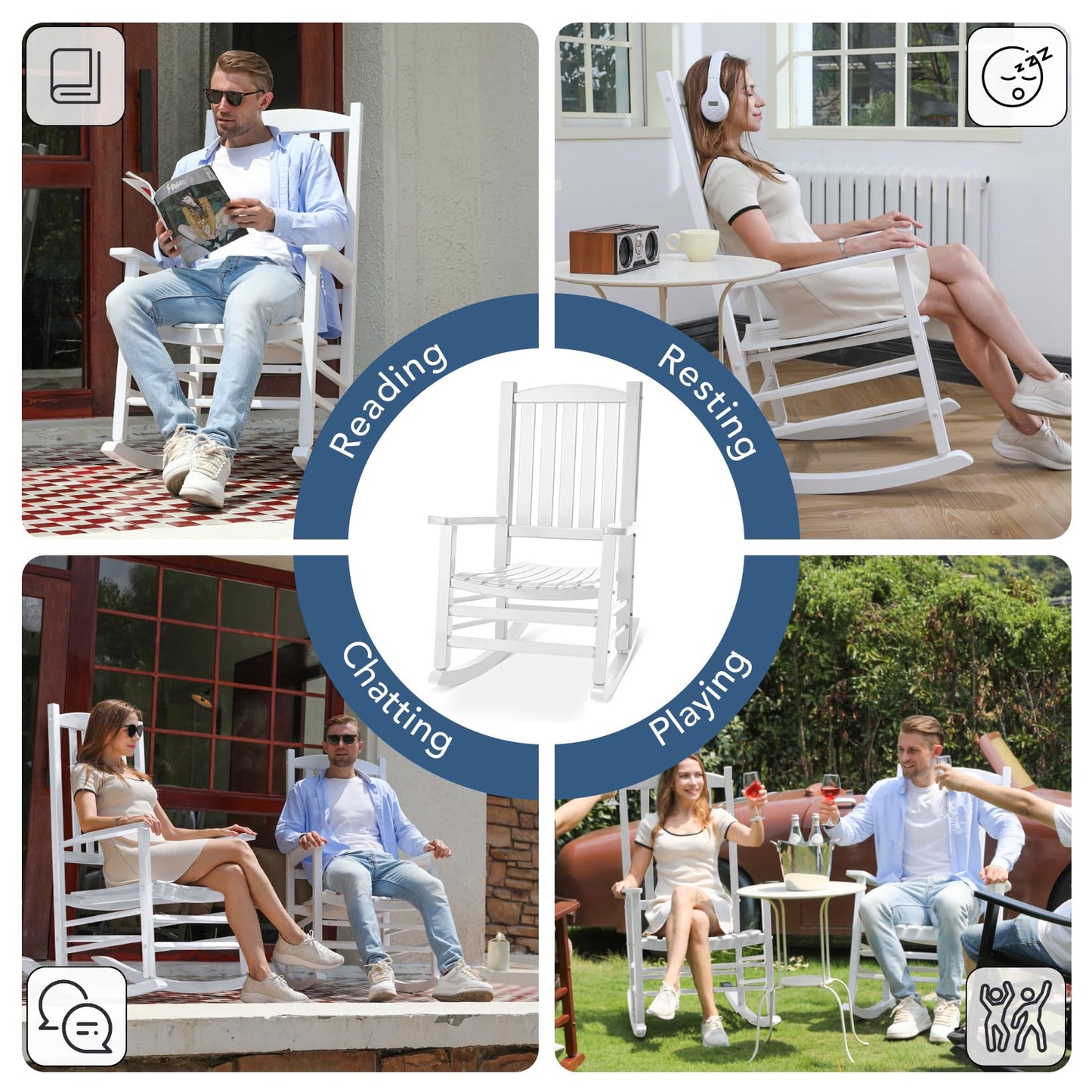 Besunbar Wooden Outdoor Rocking Chair, Oversized Patio Rocking Chair w/400lbs Support & High Backrest | Porch, Lawn, Garden, Backyard，White